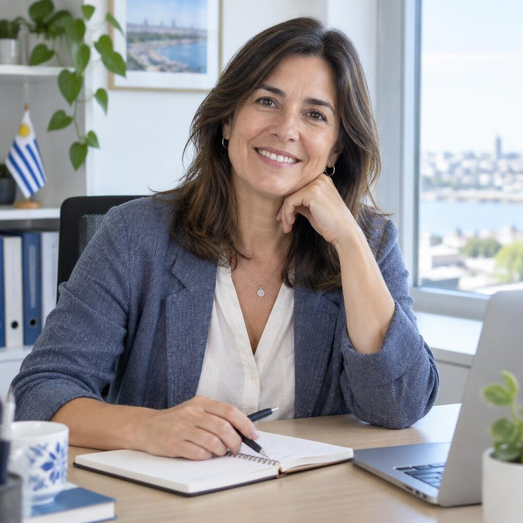 Smiling middle-aged Uruguayan woman advisor at a desk with a notebook
